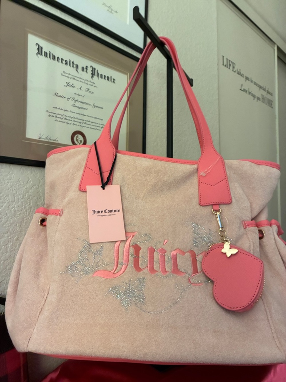 Juicy Couture NWT Pink Suede Tote with Coral Trim - Picture 8 of 10